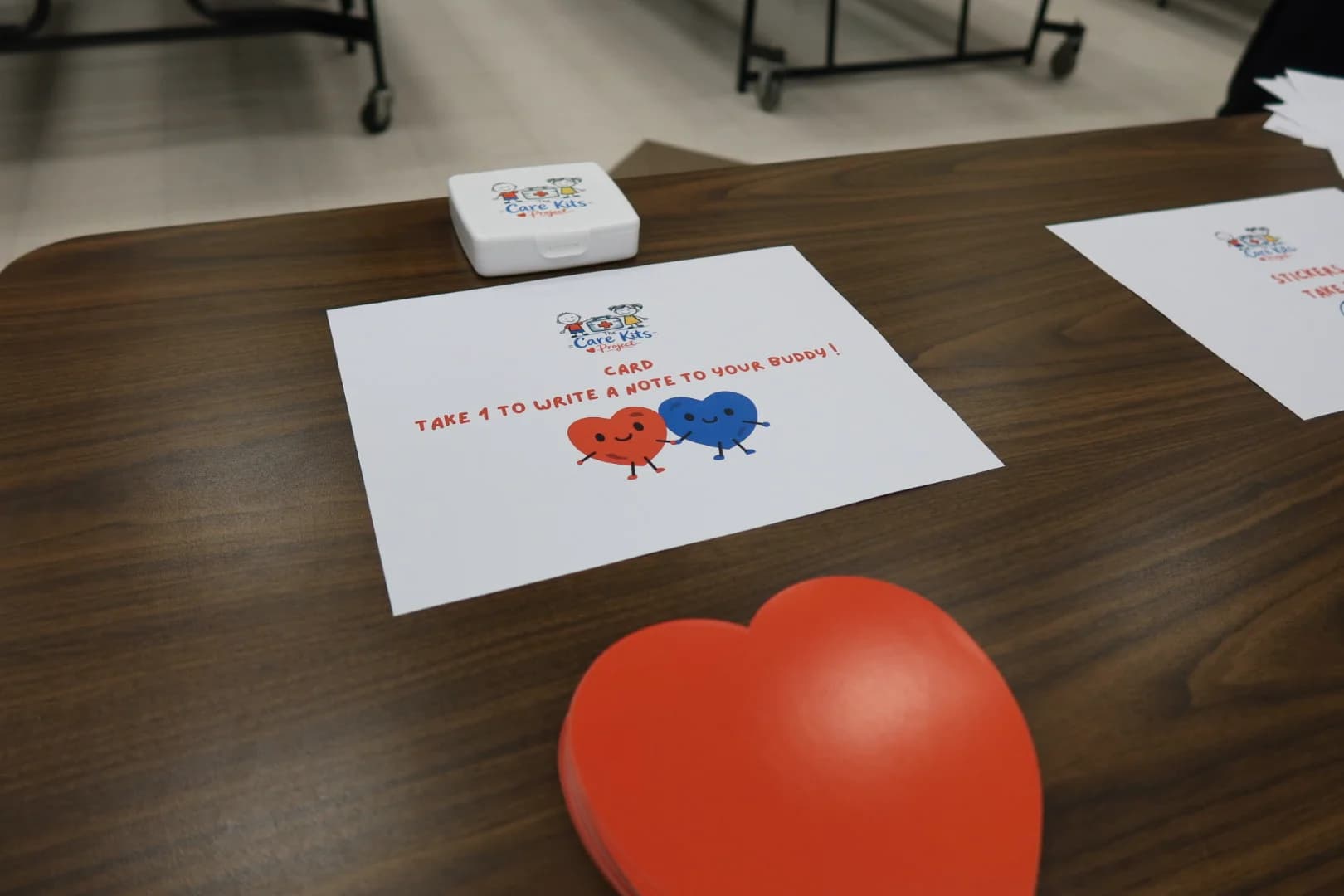 Close-up of care kit supplies laid out on a table during the workshop