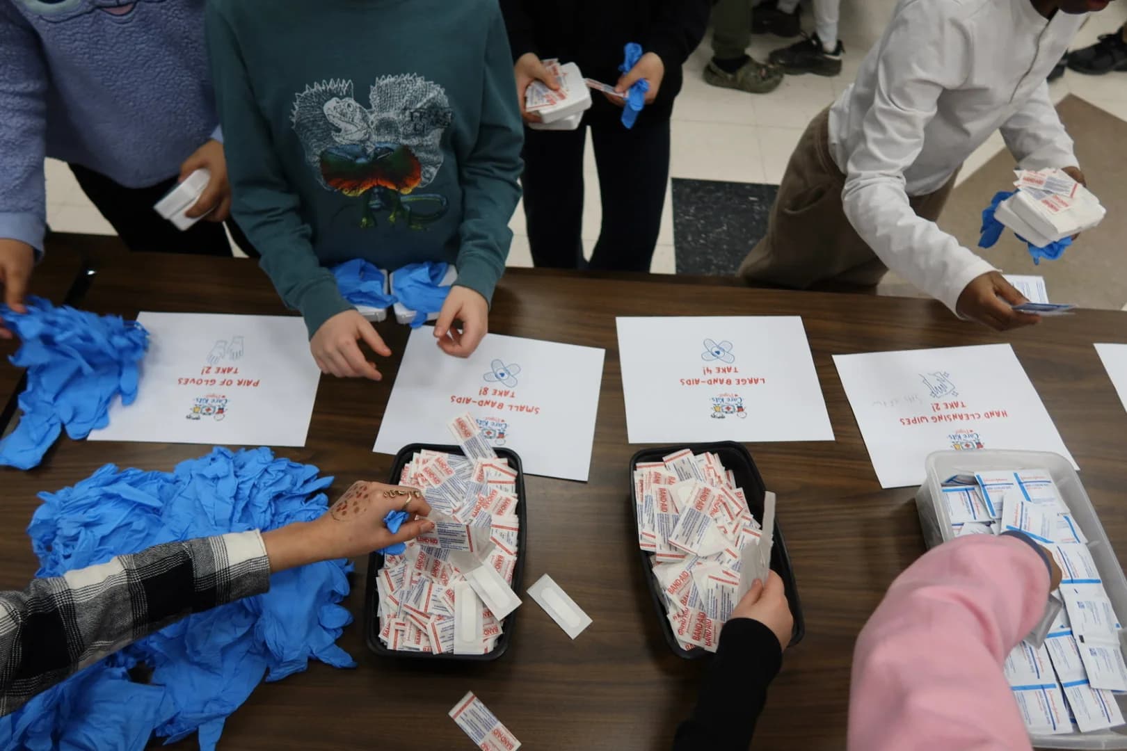 Care kit materials spread across the table